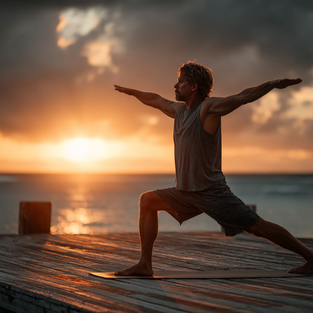 A calm man in his 40s practicing yoga in warrior pose on a wooden deck during sunset, demonstrating strength and mindfulness