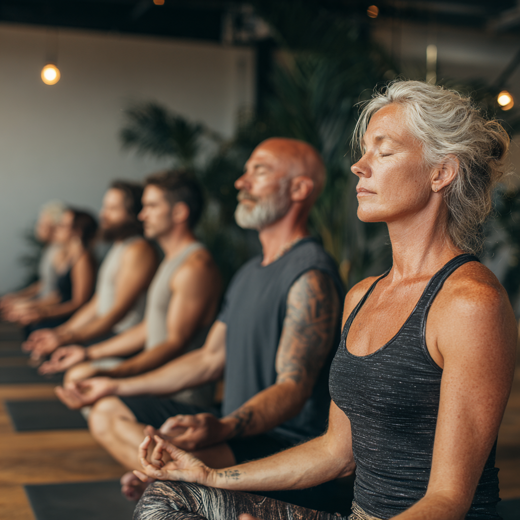A group of diverse people aged 40-55 meditating together in a serene yoga studio with natural lighting and plants