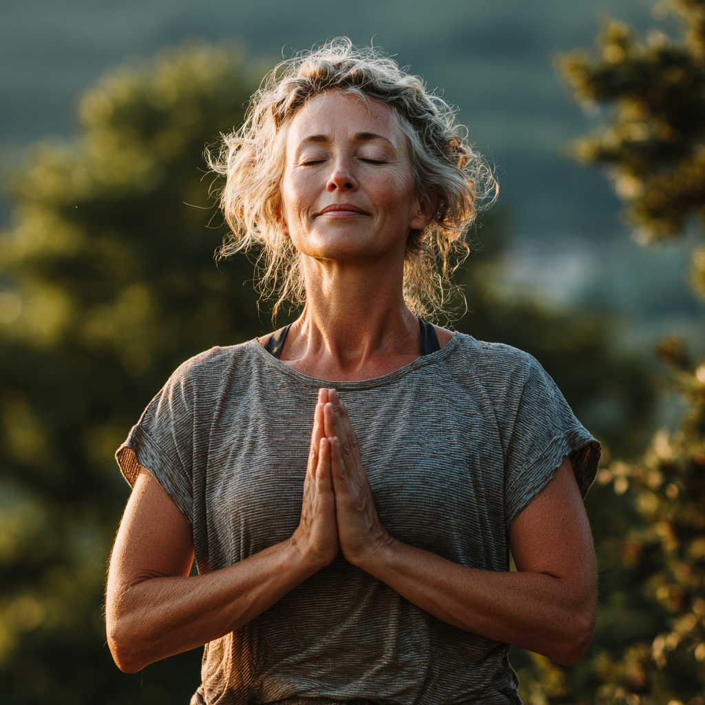 A peaceful woman in her 50s practicing yoga in mountain pose outdoors, surrounded by green nature, demonstrating perfect balance and serenity